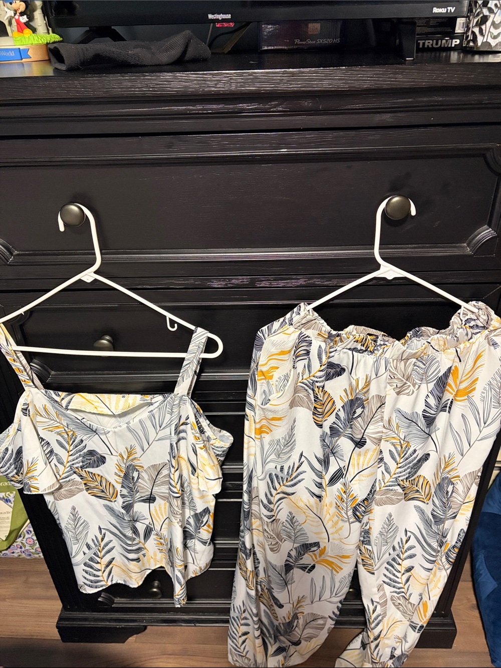 Wide Leg Floral-Print Jumpsuit Pants in White with Yellow & Gray Leaf Pattern